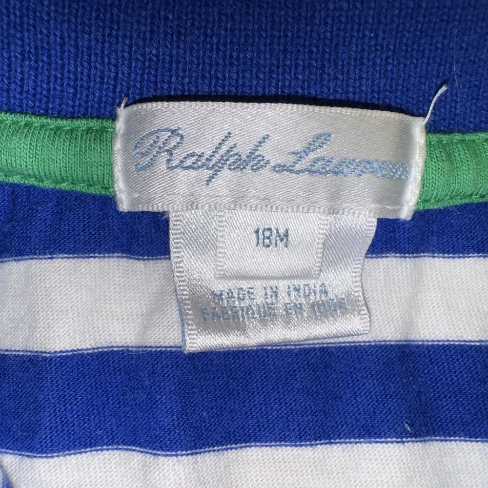 Ralph Lauren Blue White Striped Polo Shirt Red Pony Chest Pocket 18 Month
